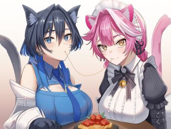 Rule 34 | 2girls, absurdres, animal ears, asymmetrical sleeves, blue necktie, blue shirt, blue sleeves, braid, breasts, cat ears, cat girl, cat tail, center-flap bangs, cleavage cutout, clothing cutout, collared shirt, commentary, double-parted bangs, dress, food, highres, hololive, hololive english, juliet sleeves, large breasts, long sleeves, looking at viewer, low twin braids, maid headdress, mismatched sleeves, multiple girls, necktie, official alternate costume, ouro kronii, ouro kronii (4th costume), panther ears, panther girl, panther tail, pasta, pink hair, puffy sleeves, raora panthera, raora panthera (maid), shared food, shirt, sleeveless, sleeveless shirt, spaghetti, tail, twin braids, virtual youtuber, white dress, white sleeves, white streaks, yellow eyes, yuri, zenya
