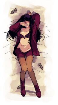 1girl bad_id bad_twitter_id bed_sheet black_hair blunt_bangs blush boots clothes_pull commentary_request covering_own_mouth dakimakura_(medium) devil_summoner:_soul_hackers devil_summoner_(series) front-tie_bra full_body groin hand_tattoo jacket lying naomi_(soul_hackers) navel on_back on_bed open_clothes open_jacket panties panties_under_shorts panty_peek pantyhose raven_croow red_boots red_jacket sheet_grab shorts shorts_pull solo stomach sweat tattoo two-tone_bra underwear