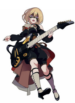 1girl bang_dream! bang_dream!_it's_mygo!!!!! black_shorts blonde_hair commentary_request doloris_(bang_dream!) domino_mask eye_mask full_body futa_yuri_ryona guitar highres holding holding_guitar holding_instrument instrument looking_at_viewer mask misumi_uika off_shoulder open_mouth purple_eyes short_hair shorts solo white_background