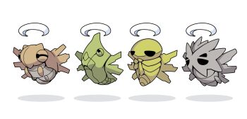 Rule 34 | absurdres, commentary request, fakemon, floating, fukidashi cotton, gen 1 pokemon, gen 2 pokemon, gen 3 pokemon, halo, highres, hollow eyes, kakuna, metapod, nintendo, no humans, pokemon, pokemon (creature), pokemon focus, pupitar, shadow, shedinja, simple background, white background