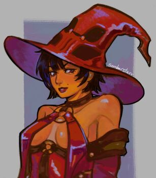 1girl bare_shoulders black_choker black_hair breasts choker guilty_gear guilty_gear_xrd hat highres i-no large_breasts looking_at_viewer mole mole_above_mouth o-ring o-ring_top red_hat red_leather short_hair solo somberstarr upper_body witch_hat