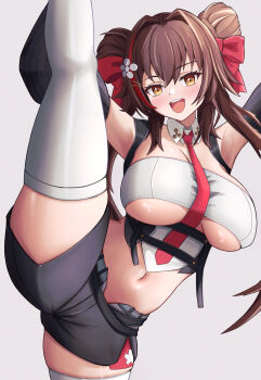 1girl absurdres armpits arms_up black_shorts blush bow breasts brown_hair detached_collar dot_nose double_bun flexible girls&#039;_frontline girls&#039;_frontline_2:_exilium hair_bow hair_bun hair_ribbon highres jiangyu_(girls&#039;_frontline_2) jiangyu_(raindrop_cleaving_blades)_(girls&#039;_frontline_2) leg_hold leg_lift leg_up long_hair looking_at_viewer multicolored_hair navel necktie open_clothes open_mouth open_shorts red_bow red_necktie red_ribbon red_streaks ribbon shiny_clothes shiny_legwear shiny_skin short_shorts shorts smile solo split standing standing_on_one_leg standing_split stomach strapless streaked_hair teeth thighhighs thighs tube_top type_97_(girls&#039;_frontline) underboob upper_teeth_only white_thighhighs white_tube_top zion_rss