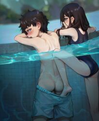 1boy 1girl armpits ass barefoot black_hair blue_eyes blush clothed_female_nude_male clothes_pull commentary english_commentary female_pervert femdom hetero highres kodomo_doushi loli lolidom long_hair looking_at_another looking_back male_swimwear messy_hair nude one-piece_swimsuit open_mouth original partially_submerged partially_underwater_shot pervert pool short_hair shota swim_trunks swim_trunks_pull swimsuit tabarchie testicles underwater undressing_another water wet