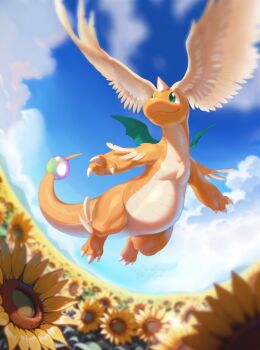blue_sky claws closed_mouth cloud dragonite feathered_wings field flower flower_field flying full_body gen_1_pokemon green_eyes happy head_wings horns mega_dragonite mega_pokemon nintendo no_humans pokemon pokemon_(creature) pokemon_focus queen_purrr single_horn sky smile solo sunflower sunflower_field tail wings