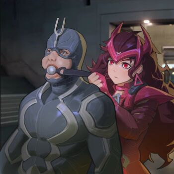 1boy 1girl absurdres ball_gag behind_another black_bolt_(marvel) black_eyes blue_bodysuit blurry blurry_background bodysuit brown_hair commentary doctor_strange_(series) doctor_strange_in_the_multiverse_of_madness english_commentary gag grey_bodysuit highres indoors inhumans long_hair looking_at_another marvel multicolored_bodysuit pacpoi red_eyes scarlet_witch scene_reference the_boys two-tone_bodysuit upper_body wanda_maximoff