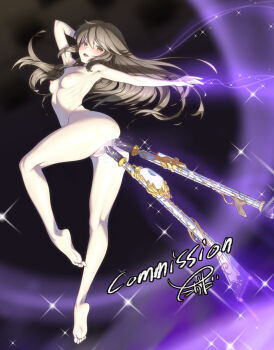 1girl anal anal_object_insertion arm_behind_head arm_up armpits ass barefoot blush breasts brown_eyes brown_hair censored character_request commission completely_nude copyright_request double_penetration gun long_hair looking_at_viewer looking_back medium_breasts mosaic_censoring musket navel nipples nude object_insertion open_mouth pussy ribs skeb_commission smile soles solo takada_kazuhiro toes vaginal vaginal_object_insertion weapon