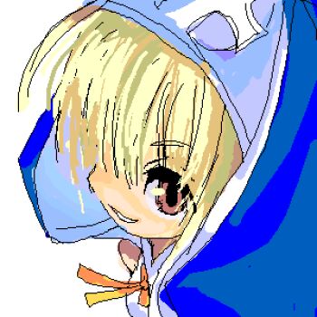 1boy bad_id blonde_hair blue_veil bridget_(guilty_gear) commentary_request guilty_gear guilty_gear_xx jaggy_lines long_hair lowres orange_ribbon purimu_(gamers_channel_99) red_eyes ribbon simple_background smile solo trap upper_body veil white_background