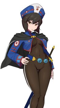 1girl belt black_bodysuit black_cape black_hair blue_jacket bodysuit breasts brown_eyes cape chloe_valens closed_mouth covered_navel cropped_jacket frown hand_on_own_hip hat highres jacket long_sleeves looking_at_viewer medium_breasts open_clothes open_jacket short_hair simple_background skin_tight solo spottylen sword tales_of_(series) tales_of_legendia weapon white_background