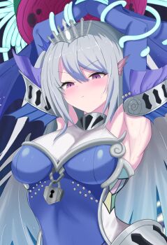 1girl armpits arms_up breasts character_request duel_monster grey_hair highres large_breasts long_hair nien2 purple_eyes solo upper_body yu-gi-oh!