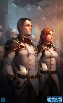 1boy 1girl aircraft airplane armor belt breasts brown_belt brown_hair brown_legwear brown_pants building command_fighter_(star_conflict) empire_(star_conflict) english_text eyepatch fighter_(star_conflict) fighter_jet fleet flying frigate from_side glowing helmet holding holding_unworn_helmet jacket kypcaht logo long_hair long_range_frigate_(star_conflict) looking_away machinery mechanical medium_breasts military military_uniform military_vehicle orange_hair pants realistic scar science_fiction short_hair shoulder_armor sky space_ship spacecraft spaceship star_conflict starfighter thrusters unworn_headwear unworn_helmet warship white_jacket white_uniform