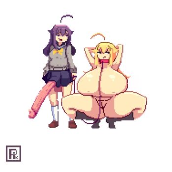 1futa 1girl age_difference arms_up blonde_hair breast_press breasts embarrassed erection futa_with_female futanari highres huge_breasts huge_penis koshi_anko_(shikanoko) koshi_torako large_penis long_hair looking_at_viewer medium_breasts nervous open_mouth penis pixel_art pixzapix purple_hair school_uniform shikanoko_nokonoko_koshitantan siblings simple_background sisters size_difference smile white_background