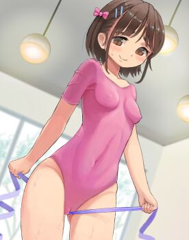 1girl absurdres athletic_leotard between_legs blush bow breasts brown_eyes brown_hair cameltoe covered_erect_nipples covered_navel crotch_rub female_masturbation gluteal_fold hair_bow hair_ornament hairclip highres leotard loli masturbation original pink_leotard ribbon ribbon_baton short_hair short_sleeves small_breasts smile solo susu_(ysy) thighs