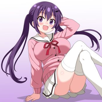 Rule 34 | 1girl, :d, blush, breasts, cardigan, collarbone, commentary request, cosplay, costume switch, crossed legs, gochuumon wa usagi desu ka?, hair between eyes, highres, large breasts, long hair, open mouth, panties, pantyshot, pink cardigan, pleated skirt, purple background, purple eyes, purple hair, sailor collar, sakuzo, school uniform, sidelocks, sitting, skirt, smile, solo, tedeza rize, thighs, twintails, underwear, white panties, white sailor collar, white skirt