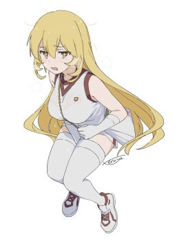 1girl bag between_legs blonde_hair breasts exhausted full_body gloves gym_shirt gym_shorts gym_uniform hand_between_legs handbag highres large_breasts long_hair looking_at_viewer messy_hair open_mouth school_emblem see-through_clothes see-through_shirt shirt shoes shokuhou_misaki shorts signature sleeveless sleeveless_shirt sneakers solo sparkling_eyes sweat sweaty_clothes teruya_(6w6y) thighhighs toaru_kagaku_no_railgun toaru_kagaku_no_railgun_t toaru_majutsu_no_index tokiwadai_school_gym_uniform white_background white_gloves white_shirt white_shorts white_thighhighs yellow_eyes