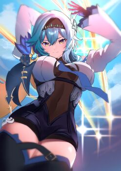 1girl black_gloves black_hairband blue_gloves blue_hair blue_necktie boots borshch breasts chest_harness clothing_cutout commentary_request eula_(genshin_impact) from_below genshin_impact gloves hair_between_eyes hairband harness high-waist_shorts highres large_breasts long_sleeves medium_hair necktie shorts shoulder_cutout smile solo thigh_boots thighhighs v-shaped_eyebrows yellow_eyes