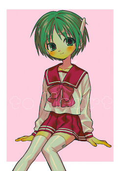1girl absurdres android arm_support blush bow bowtie closed_mouth commentary_request green_eyes green_hair highres long_sleeves looking_at_viewer menma_(enaic31) multi_(to_heart) pleated_skirt red_bow red_bowtie red_skirt school_uniform serafuku short_hair sitting skirt smile solo thighhighs to_heart to_heart_(series) white_thighhighs