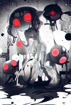 1girl 3others black_hair bodysuit boots chromatic_aberration collarbone colored_skin commentary_request drone full_body grey_mask grey_skin highres holding holding_weapon jelleton korean_commentary legs_apart mi040777 multiple_others nintendo non-humanoid_robot order_shot_(splatoon) parallel_canon_(splatoon) pearl_(splatoon) pearl_drone_(splatoon) pointy_ears red_eyes robot short_hair sleeveless sleeveless_bodysuit slime_(substance) socks splatoon_(series) splatoon_3 splatoon_3:_side_order standing tentacle_hair weapon white_bodysuit white_footwear white_socks