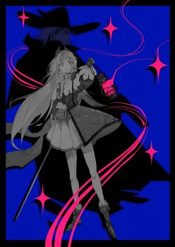 1boy 1girl absurdres arknights boots character_request check_character chinese_commentary cloak closed_mouth commentary_request dario_(arknights) dress earrings hand_up hat highres holding holding_lantern irene_(arknights) jewelry lantern long_hair long_sleeves pantyhose partially_colored pink_pupils puffy_long_sleeves puffy_sleeves purple_background scar scar_across_eye scar_on_face simple_background sparkle very_long_hair wo_zai_zhu_shi_ni