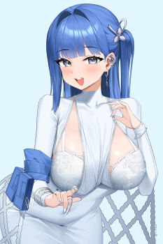 1girl absurdres arcana_(nikke) blue_hair bra breasts claws cleavage dress ear_piercing earrings flower_hairpin gaosu_gong_lu goddess_of_victory:_nikke grey_eyes hair_ornament hairclip highres jewelry large_breasts long_hair mole mole_on_breast partially_unzipped piercing silver_nails underwear white_bra white_dress