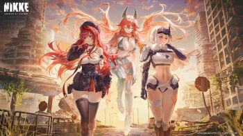 Rule 34 | 3girls, absurdres, beret, black jacket, black pants, black skirt, black thighhighs, breasts, bridge, city, closed eyes, commentary request, day, ghost, gloves, goddess of victory: nikke, hand in own hair, hat, highres, horns, jacket, large breasts, long hair, long sleeves, mechanical arms, mechanical horns, multiple girls, official art, open clothes, open jacket, outdoors, pants, rapi (nikke), rapi (red hood) (nikke), red eyes, red gloves, red hair, red hood (nikke), red jacket, road sign, shorts, sign, skirt, snow white (heavy arms) (nikke), snow white (nikke), stop sign, sun, thighhighs, walking, white hair, white shorts, yellow eyes