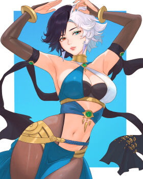 1girl absurdres alternate_costume armpits black_hair blue_eyes breasts cleavage closed_mouth commentary cosplay dancer dancing dorothea_arnault dorothea_arnault_(plegian) dorothea_arnault_(plegian)_(cosplay) earrings fire_emblem fire_emblem:_three_houses heterochromia highres jewelry large_breasts looking_at_viewer luna_snow marvel marvel_rivals multicolored_hair navel nintendo orange_eyes pantyhose short_hair solo stomach truejekart two-tone_hair white_hair