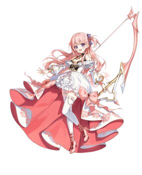 1girl :d black_bow bow bow_(weapon) breasts character_request cleavage commentary commission copyright_request cross dress flower frilled_dress frills full_body hair_bow hair_flower hair_ornament high-low_dress high_heels highres holding holding_bow_(weapon) holding_weapon huge_weapon light_blush long_hair long_sleeves looking_at_viewer medium_breasts one_side_up open_mouth pine_(angel4195202) pink_flower pink_hair pink_ribbon pink_rose pink_shoes puffy_long_sleeves puffy_sleeves purple_bow purple_eyes ribbon rose shoes simple_background smile solo standing standing_on_one_leg teeth thigh_strap thighhighs upper_teeth_only very_long_hair wavy_hair weapon white_background white_dress white_thighhighs wispy_bangs