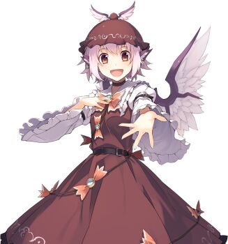 1girl animal_ear_piercing animal_ears arm_belt belt bird_ears bird_wings black_choker breasts brown_belt brown_dress choker collared_shirt dress earrings eho_(icbm) frilled_dress frilled_shirt_collar frilled_sleeves frills game_cg hoop_earrings jewelry labyrinth_of_touhou_(series) labyrinth_of_touhou_tri long_sleeves mystia_lorelei non-web_source official_art open_mouth pink_hair red_eyes shirt small_breasts smile solo touhou transparent_background white_shirt wide_sleeves winged_hat wings