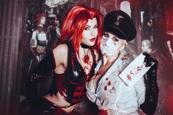 2girls blonde_hair blood bloodrayne bloodrayne_(videogame) breasts cleavage cosplay dhampir half-human highres large_breasts mask monster_girl multiple_girls nazi_uniform red_hair undead vampire