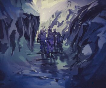 4others animal from_behind full_body highres horse horseback_riding mountain multiple_others painterly q3_(9895650344) riding scenery shadow shadow_slave snow stairs sunny_(shadow_slave) walking