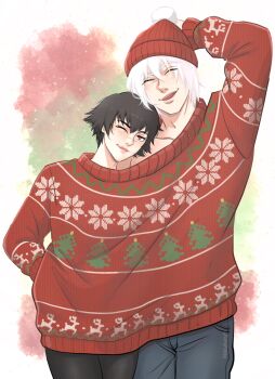 Rule 34 | 1boy, 1girl, artist name, black hair, christmas, closed eyes, dante (devil may cry), devil may cry (series), hat, highres, jumpoon, lady (devil may cry), looking at viewer, one eye closed, pants, red eyes, red hat, red sweater, scar, scar on face, scar on nose, shared clothes, shared sweater, signature, sweater, white hair