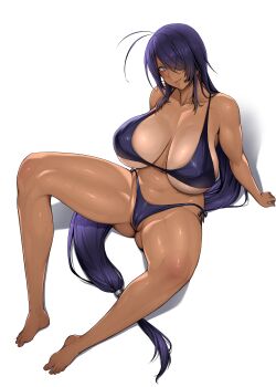 1girl absurdres antenna_hair arm_support bare_arms bare_legs bare_shoulders barefoot bikini black_bikini breasts cameltoe closed_mouth commentary_request dark-skinned_female dark_skin full_body gluteal_fold grey_eyes hair_over_one_eye highres huge_breasts ikkitousen kan&#039;u_unchou knees_up long_hair looking_at_viewer low-tied_long_hair one_eye_covered paid_reward_available partially_visible_vulva purple_hair reclining simple_background smile solo spread_legs sweat swimsuit tan textless_version thick_thighs thighs tsurime variant_set very_long_hair white_background yesman_(cvbnyesman)