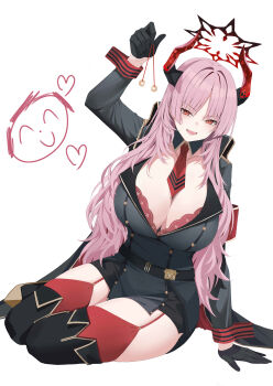 1girl absurdres between_breasts black_dress black_gloves black_jacket black_thighhighs blue_archive bra bra_peek breasts cleavage coin coin_on_string commentary demon_horns detached_sleeves doodle_sensei_(blue_archive) dress gloves halo highres holding holding_pendulum holed_coin horns huge_breasts hypnosis hypnotizing_viewer jacket kuyoumi lace lace-trimmed_bra lace_trim long_hair long_sleeves looking_at_viewer military_uniform mind_control mole mole_on_breast multicolored_horns necktie necktie_between_breasts open_mouth pendulum pink_hair red_bra red_eyes red_garter_straps red_halo red_horns red_necktie satsuki_(blue_archive) sensei_(blue_archive) short_dress simple_background sitting smile solo teeth thighhighs thighs two-tone_horns underwear white_background yokozuwari