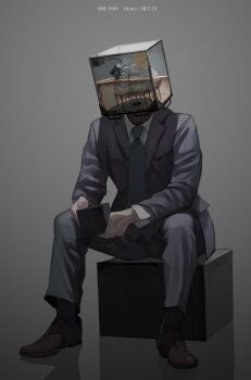 1boy box brain cable commentary cyborg formal_clothes full_body highres holding holding_box jittsu male_focus necktie object_head original science_fiction sitting solo stasis_tank suit video_camera