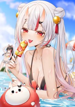 2girls :p bell bikini black_bikini breasts center-flap_bangs cleavage commentary_request day food grey_hair hair_bell hair_between_horns hair_ornament highres holding holding_food holding_popsicle hololive horns jingle_bell long_hair looking_at_viewer medium_breasts multicolored_hair multiple_girls nakiri_ayame ohagetty oni ookami_mio ookami_mio_(hololive_summer_2019) outdoors partially_submerged popsicle poyoyo_(nakiri_ayame) red_eyes red_hair skin-covered_horns solo_focus streaked_hair swimsuit tassel tassel_hair_ornament tongue tongue_out virtual_youtuber water