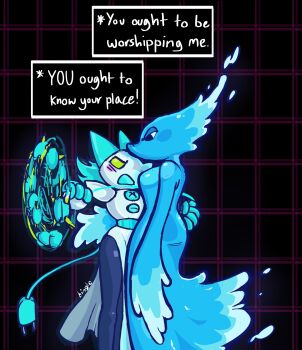 2girls animal_ears cable cable_tail cat_ears cat_girl clenched_hand colored_sclera commentary deltarune english_commentary english_text freaky_frohicky furry furry_female green_sclera half-closed_eyes highres holding mechanical_tail miss_mizzle monster_girl multiple_girls slime_girl spinning_weapon tail tasque_manager utdr_(toby_fox) water