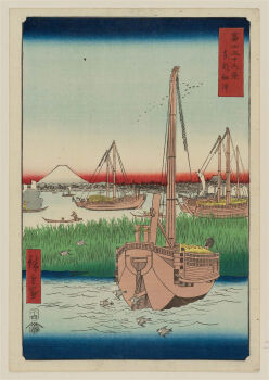 Rule 34 | 19th century, 6+boys, ando hiroshige, architecture, bird, blue sky, boat, brown kimono, city, east asian architecture, fine art parody, flock, gradient sky, hat, hay, highres, japan, japanese clothes, kimono, mount fuji, mountain, multiple boys, nihonga, ocean, original, outdoors, parody, red sky, rowboat, rowing, sail, scenery, sky, straw hat, thirty-six views of mount fuji (hiroshige), tokyo (city), traditional media, translation request, ukiyo-e, volcano, water