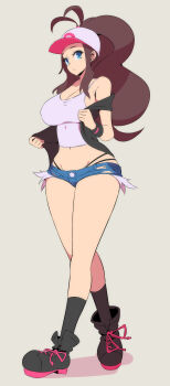Rule 34 | 1girl, absurdres, blue eyes, breasts, denim, denim shorts, groin, highres, hilda (pokemon), jacket, large breasts, legs, long hair, looking at viewer, midriff, nac000, navel, nintendo, open clothes, open jacket, parted lips, pokemon, pokemon bw, ponytail, short shorts, shorts, sleeveless, solo, thighs, thong, whale tail (clothing)