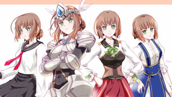 4girls ao_no_kiseki armor artist_name black_sailor_collar black_skirt bob_cut border braid breastplate brown_border brown_hair bun_with_braided_base closed_mouth crossed_arms cuisses dress duvalie eiyuu_densetsu feather_hair_ornament feathers gauntlets green_eyes hair_bun hair_ornament hajimari_no_kiseki hand_on_own_hip hands_on_own_hips highres long_sleeves looking_at_viewer multiple_girls neckerchief pauldrons puffy_long_sleeves puffy_sleeves red_neckerchief sailor_collar school_uniform sen_no_kiseki sen_no_kiseki_(series) sen_no_kiseki_iv serafuku short_hair shoulder_armor single_hair_bun skirt smile tied_sleeves two-tone_background upper_body white_background xiacheng_tatsuya