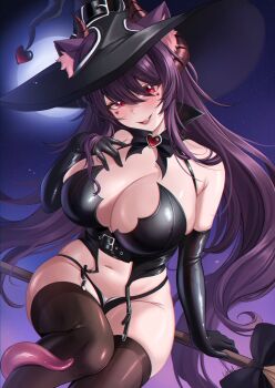 animal_ears bare_shoulders black_gloves black_hat black_thighhighs blush breasts cleavage commentary elbow_gloves english_commentary gloves halloween hat highres horns indie_virtual_youtuber large_breasts long_hair looking_at_viewer navel original purple_hair red_eyes smile solo tentacles thighhighs thighs velvet_noir velvet_noir_(vtuber)