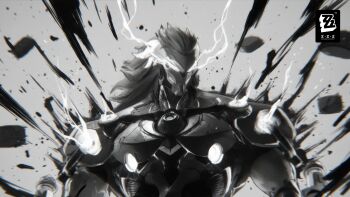 1boy absurdres banyue_(zenless_zone_zero) commentary copyright_logo electricity english_commentary grey_background greyscale highres humanoid_robot logo long_hair male_focus monochrome muscular muscular_male official_art official_wallpaper robot robot_boy solo upper_body zenless_zone_zero