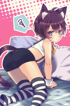 1boy :t ahoge all_fours animal_ear_fluff animal_ears ass black_hair black_shorts blue_eyes blush bow bowtie cat_boy cat_ears cat_tail crop_top halftone halftone_background highres male_focus on_bed original pink_background pout rushichi_777 short_shorts shorts shota solo spoken_squiggle squiggle striped_clothes striped_thighhighs suspenders tail thighhighs white_background wrist_cuffs