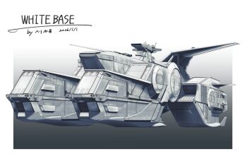 absurdres artist_name border commentary_request commission dated earth_federation_space_forces gradient_background gundam helicalk highres military_vehicle mobile_suit_gundam no_humans outside_border pixiv_commission science_fiction spacecraft vehicle_focus vehicle_name white_base white_border