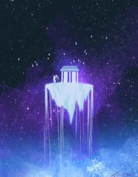 1other artist_name floating_island from_side night night_sky original painterly pantheon_(rome) scenery signature silhouette simple_bird sky solo space standing star_(sky) starry_sky water waterfall white_wings wings zandra