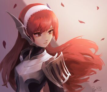 1girl armor cherche_(fire_emblem) commentary english_commentary fire_emblem fire_emblem_awakening highres long_hair looking_at_viewer looking_to_the_side nintendo pipo_475 red_eyes red_hair smile solo upper_body