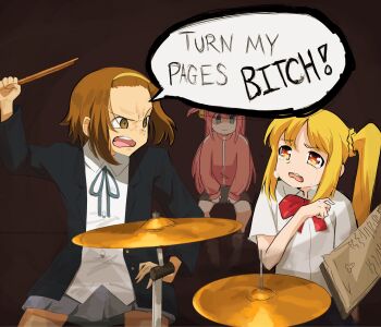 3girls angry blonde_hair bocchi_the_rock! brown_eyes brown_hair bullying crossover crying cube_hair_ornament drum drum_set gotoh_hitori hair_ornament hair_scrunchie hairband highres holding holding_stick ijichi_nijika instrument k-on! long_hair multiple_girls one_side_up optaku sad sakuragaoka_high_school_uniform school_uniform scrunchie short_hair speech_bubble stick tainaka_ritsu whiplash_(2014_movie) yellow_hairband