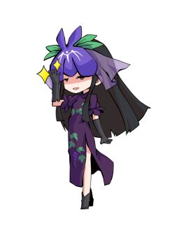 Rule 34 | 1girl, black gloves, black hair, chibi, chibi only, china dress, chinese clothes, commentary request, dairi, dress, food print, fruit print, full body, gloves, hand up, large variant set, long hair, long sidelocks, parted lips, puffy short sleeves, puffy sleeves, purple dress, purple eyes, short sleeves, sidelocks, simple background, solo, sparkle, tachi-e, touhou, transparent background, variant set, vine print, yomotsu hisami