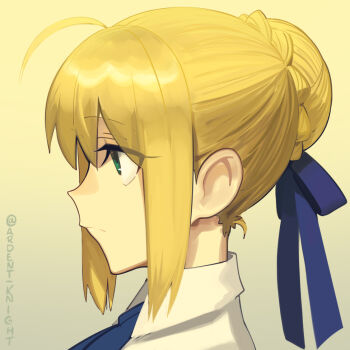 1girl ahoge artoria_pendragon_(fate) blonde_hair blue_ribbon boa_(brianoa) braid bun_with_braided_base collared_shirt commentary_request fate/stay_night fate_(series) green_eyes hair_bun hair_ribbon long_sleeves medium_hair neck_ribbon profile ribbon saber_(fate) shirt sidelocks single_hair_bun smile solo white_shirt