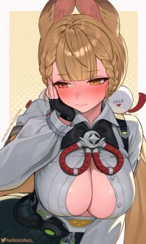 1girl alice_thymefield animal_ears black_gloves black_skirt blonde_hair blush braid braided_bangs breasts cleavage closed_mouth commentary_request double-parted_bangs fingerless_gloves fingernails gloves hair_ornament hand_on_own_face helloimtea heterochromia highres long_hair long_sleeves medium_breasts orange_eyes paid_reward_available partially_unbuttoned rabbit_ears rabbit_girl shirt skirt solo sphere_hair_ornament twitter_username white_shirt yellow_eyes zenless_zone_zero