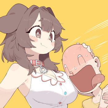 1girl absurdres animal_ears aroused_nosebleed blood blush breasts brown_eyes brown_hair cleavage cocomayo29_(tomato) collar dog_ears dog_girl hair_between_eyes highres hololive inugami_korone listener_(inugami_korone) nosebleed open_mouth sweat tongue tongue_out virtual_youtuber yellow_background