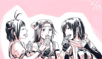 10s antenna_hair chocolate eating elbow_gloves gloves hair_ornament jintsuu_(kancolle) kantai_collection long_hair multiple_girls naka_(kancolle) open_mouth school_uniform sendai_(kancolle) serafuku short_hair sv two_side_up